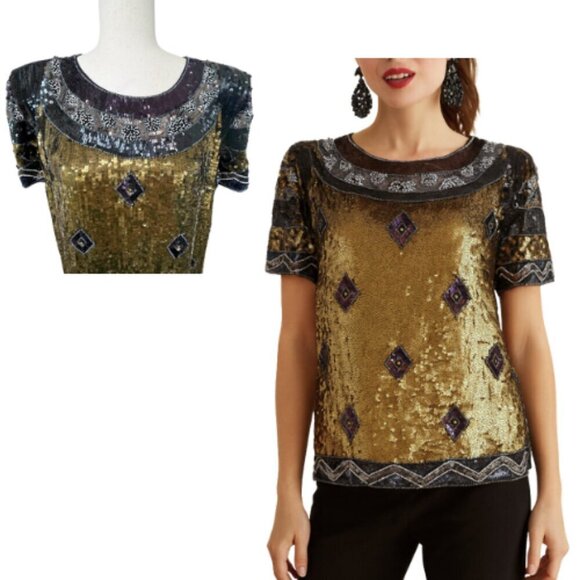 French Connection Tops - FRENCH CONNECTION Carnival Sequin Black Gold Short Sleeve Top Size 10
